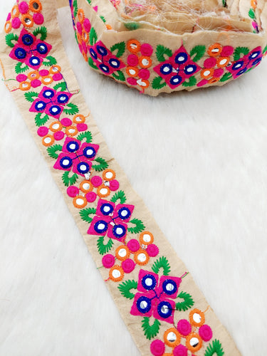 Beige Art Silk Fabric Trim With Pink and Blue Floral Embroidery, Foil Mirror Embroider Trimming, Trim By The Yard